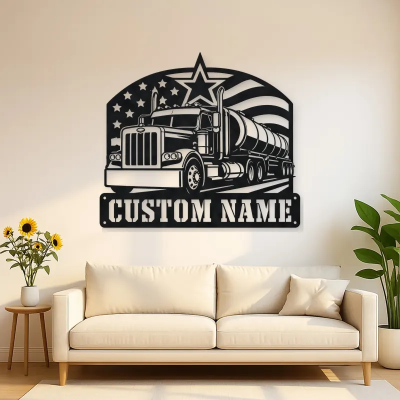 Personalized Tanker Semi Truck American Flag Metal Wall Art