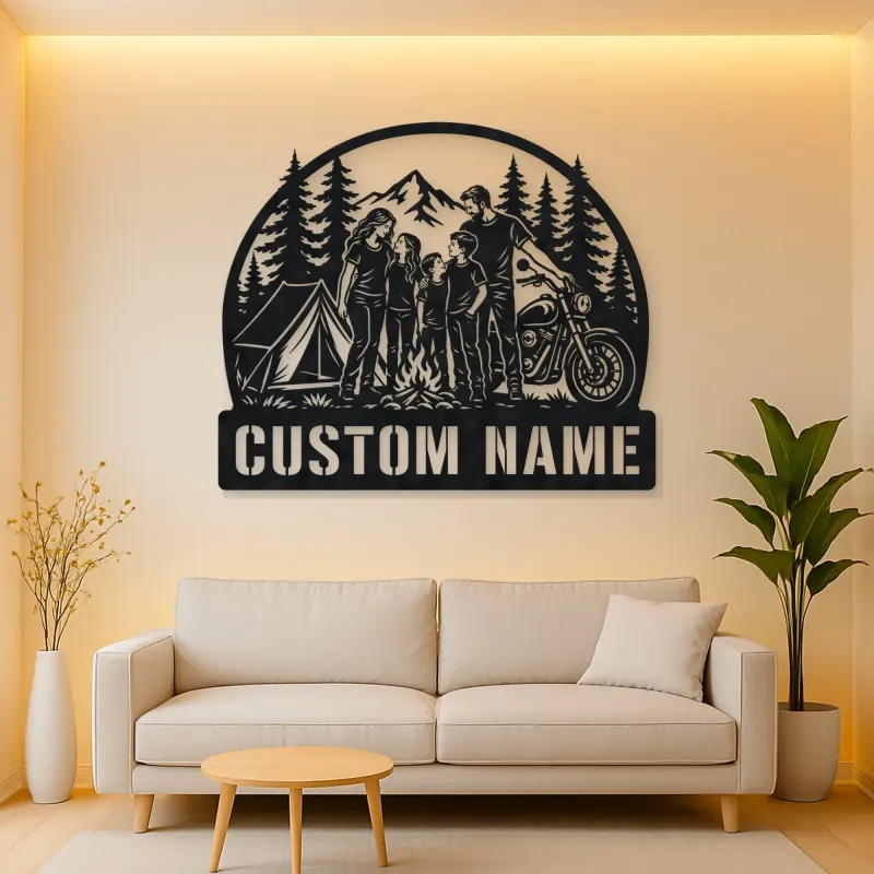 Personalized Family of Five Camping Motorcycle Metal Wall Art