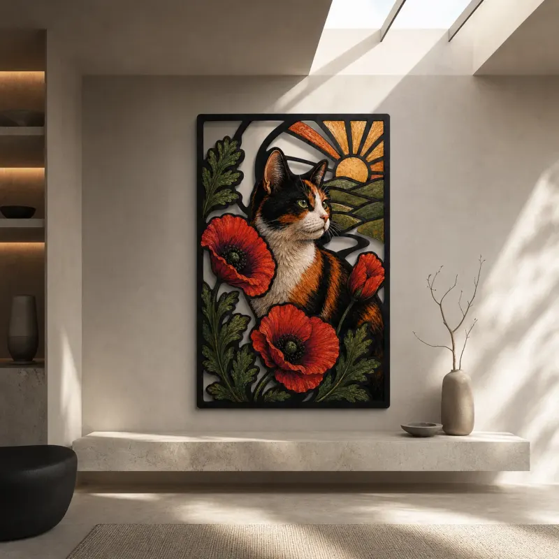 Calico Cat with Red Poppies at Sunrise Colorful Metal Wall Art