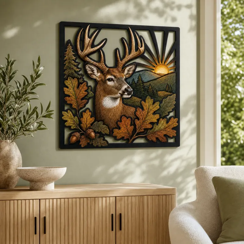 Whitetail Deer with Autumn Oak Leaves and Sunrise Colorful Metal Wall Art