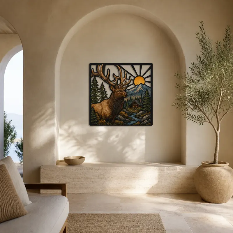 Bull Elk beside Rustic Lake Cabin at Sunrise Colorful Metal Wall Art