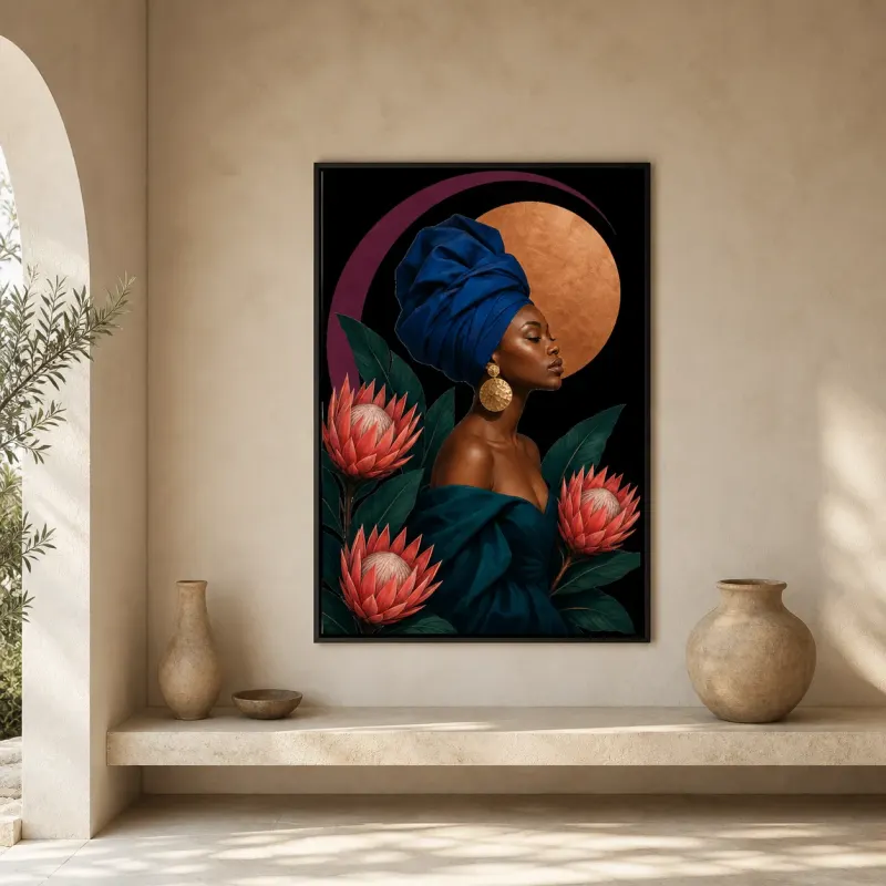 Black Woman in Blue Headwrap with Protea Flowers Colorful Metal Wall Art