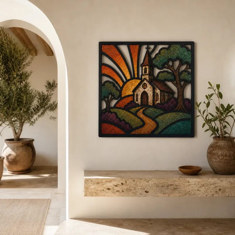 Country Church along Winding Path at Sunrise Colorful Metal Wall Art