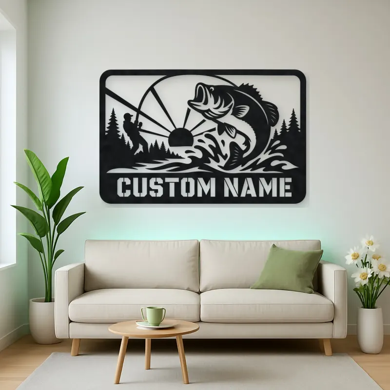 Personalized Bass Fishing Metal Wall Art with Fisherman