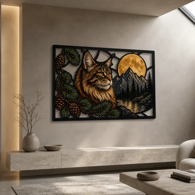 Maine Coon Cat in Mountains beneath Full Moon Colorful Metal Wall Art