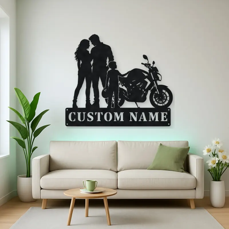 Personalized Motorcycle Family with Helmet Carrying Child Metal Wall Art