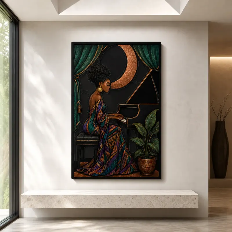 Afro Woman Playing Piano beneath Crescent Moon Colorful Metal Wall Art