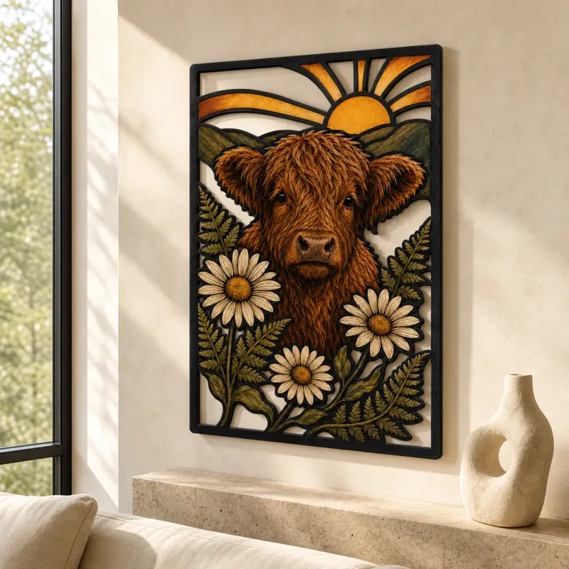 Highland Cow with White Daisies and Sunrise Colorful Metal Wall Art
