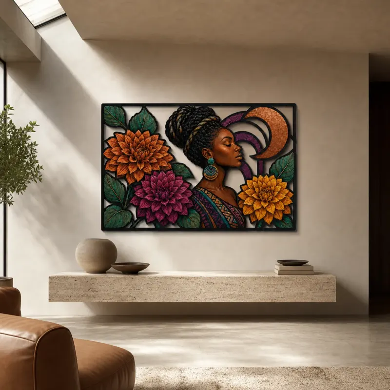 Afro Woman with Colorful Dahlias and Copper Circles Metal Wall Art