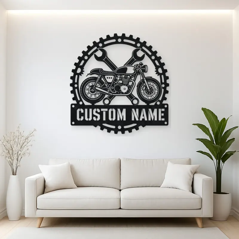Personalized Cafe Racer Motorcycle Wrench Gear Metal Wall Art