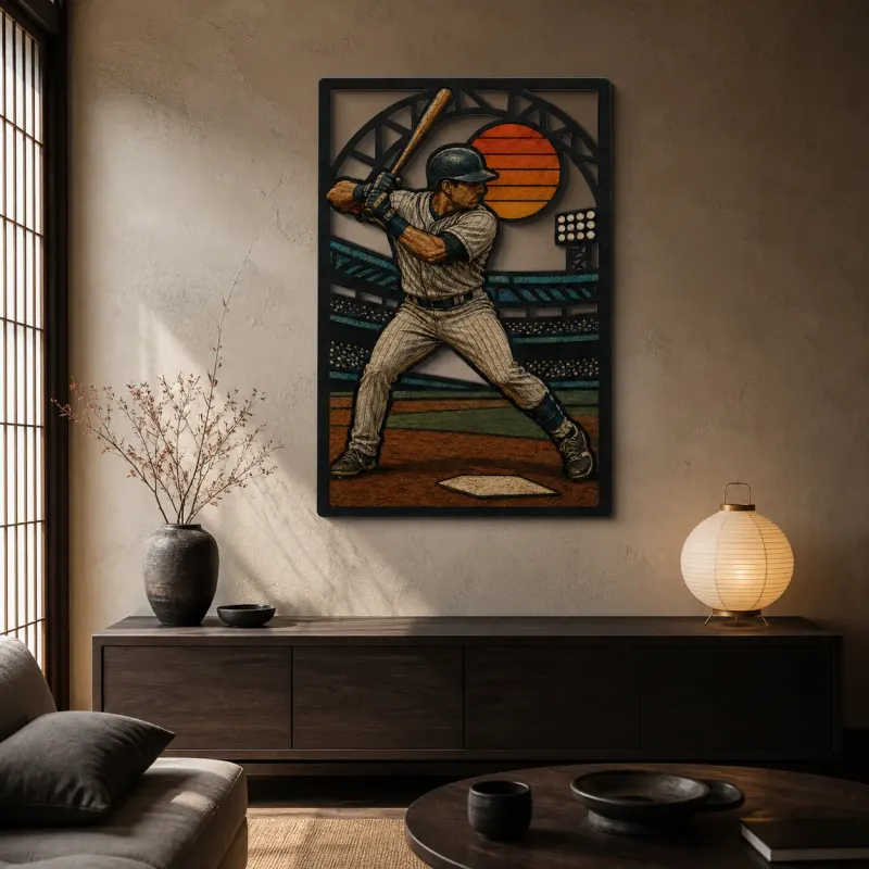 Baseball Batter in Stadium at Sunset Colorful Metal Wall Art