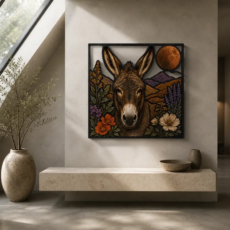 Donkey with Mountain Wildflowers and Copper Moon Colorful Metal Wall Art