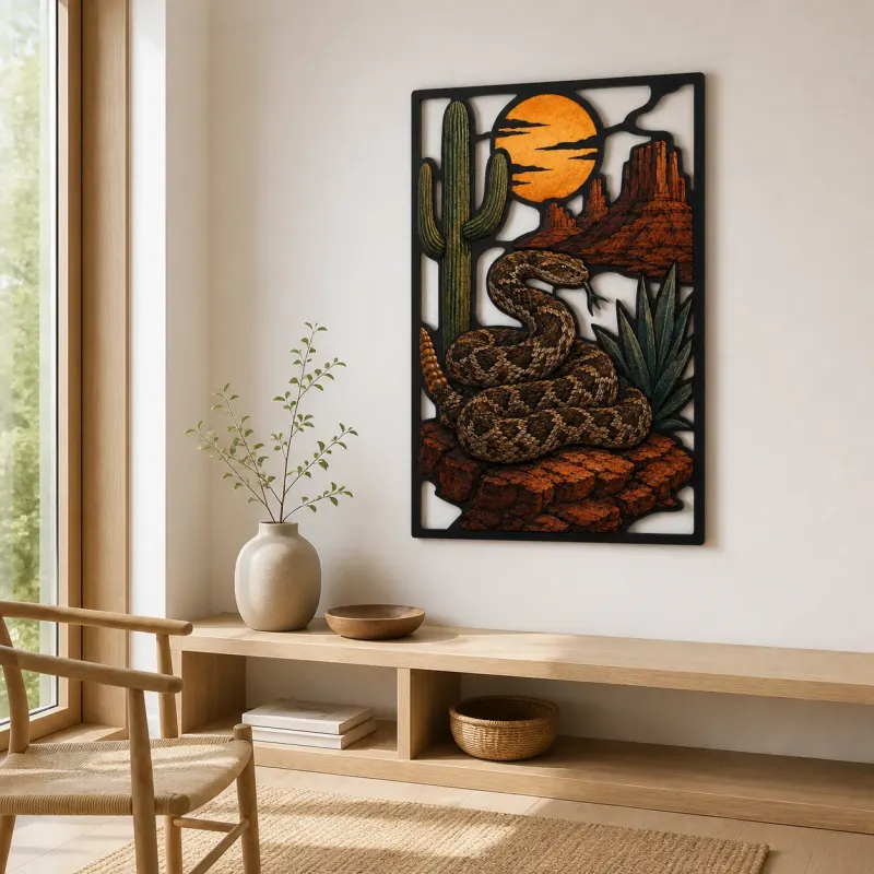 Rattlesnake with Cactus beneath Desert Sunset Colorful Metal Wall Art