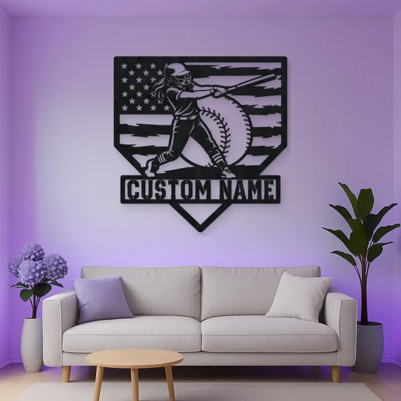 Personalized Female Softball Power Swing American Flag Metal Wall Art