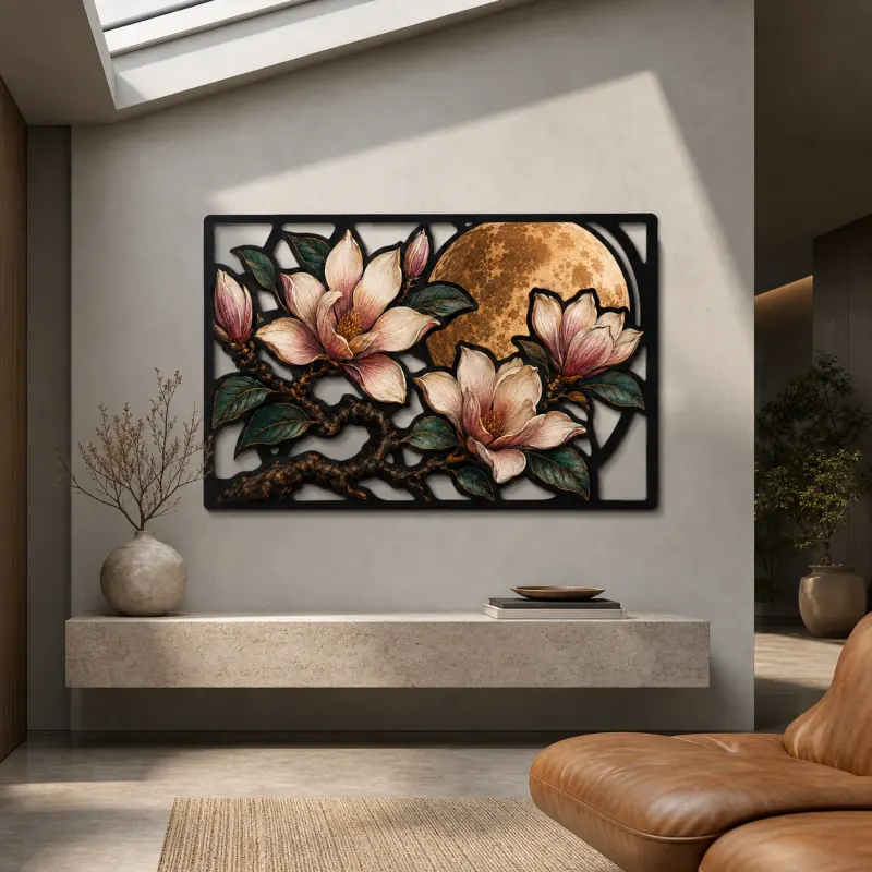 Magnolia Branch with Blossoms and Full Moon Colorful Metal Wall Art