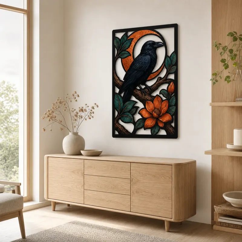 Black Raven on Branch with Crescent Moon Colorful Metal Wall Art