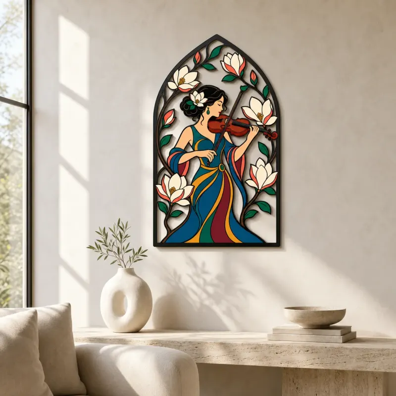 Woman Violinist with Magnolia Flowers Colorful Metal Wall Art