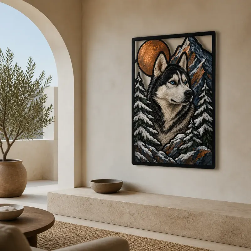 Siberian Husky in Snowy Mountains beneath Moon Colorful Metal Wall Art