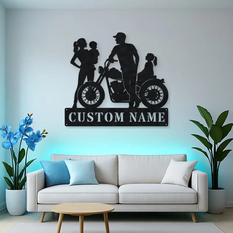 Personalized Motorcycle Family with Seated Daughter Metal Wall Art