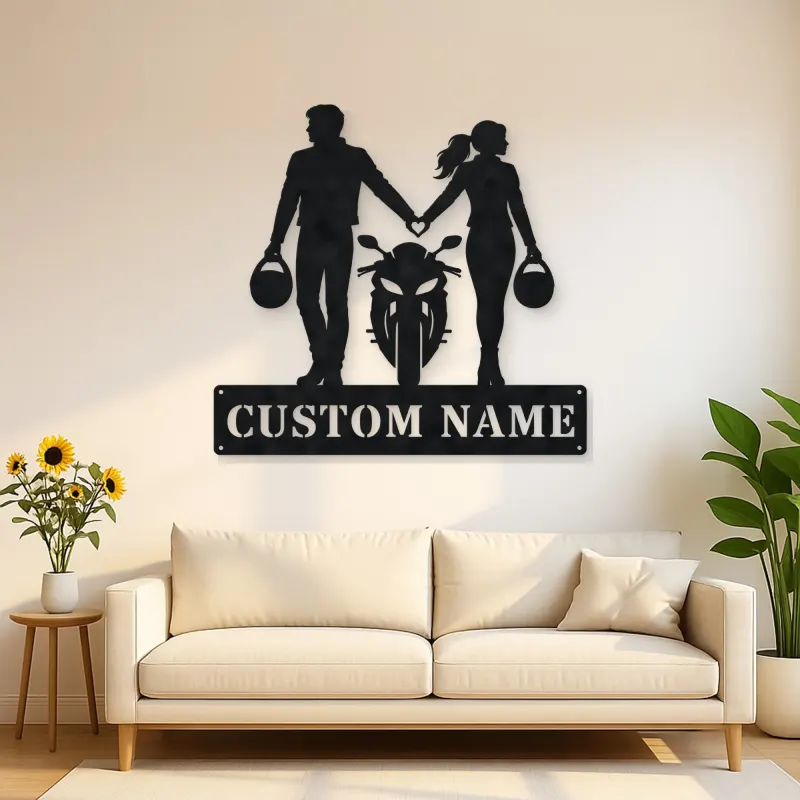 Personalized Helmet Holding Motorcycle Couple Metal Wall Art