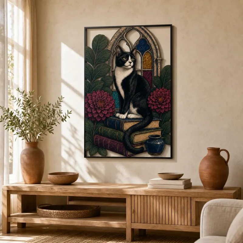 Tuxedo Cat on Books by Gothic Window Colorful Metal Wall Art