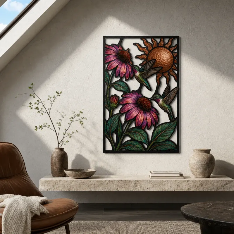 Hummingbirds with Purple Coneflowers and Copper Sun Colorful Metal Wall Art