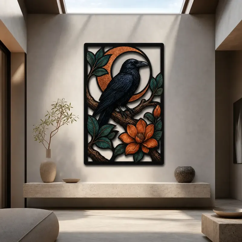 Black Raven on Branch with Crescent Moon Colorful Metal Wall Art