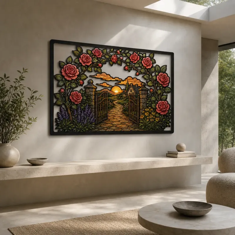 Rose Garden Gate Leading to Country Cottage Colorful Metal Wall Art