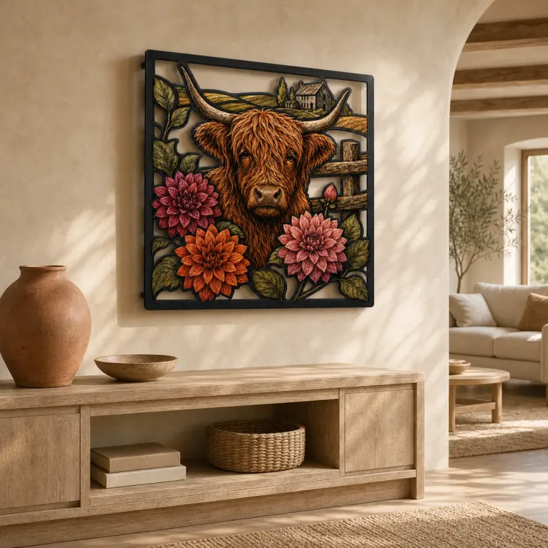 Highland Cow with Dahlias and Rustic Fence Colorful Metal Wall Art