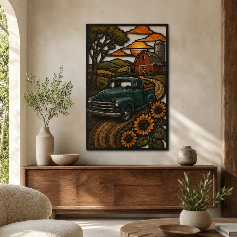 Vintage Pickup Truck neben Scheune und Sonnenblumen Farbige Metall-Wandkunst