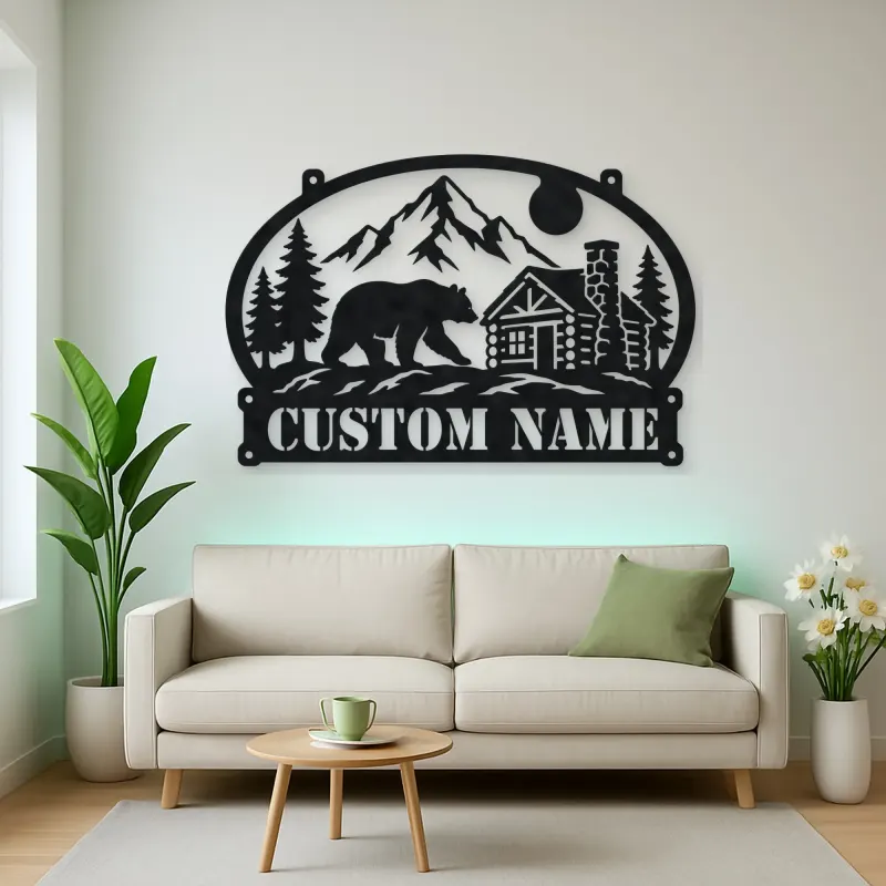 Personalized Bear Cabin Metal Wall Art with Mountain Scene