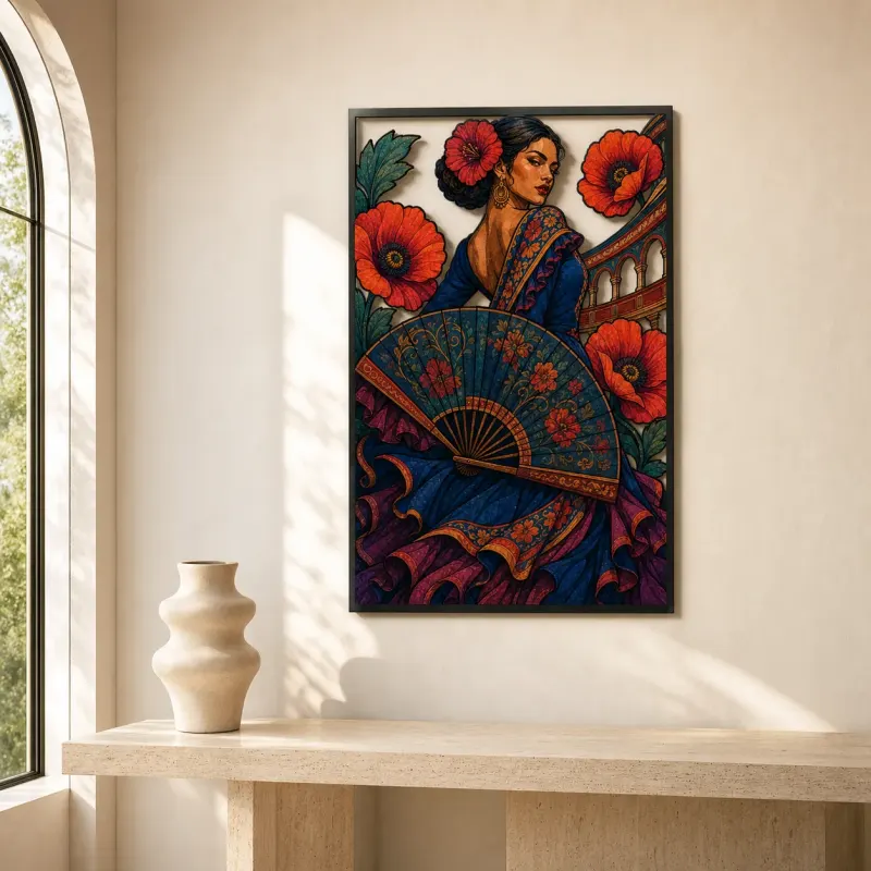 Flamenco Woman with Fan and Red Poppies Colorful Metal Wall Art
