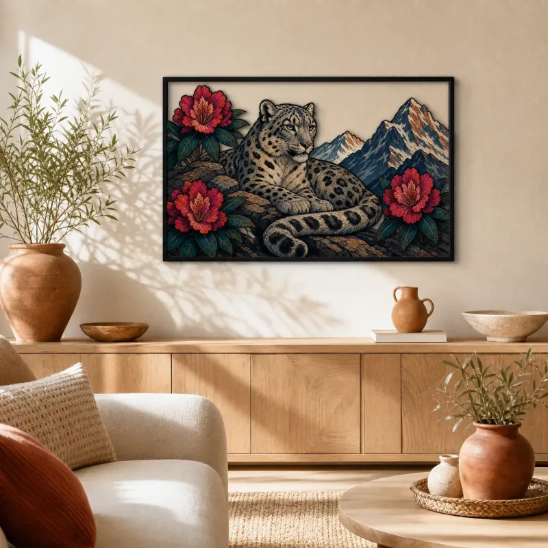 Snow Leopard with Peonies in Mountain Landscape Colorful Metal Wall Art