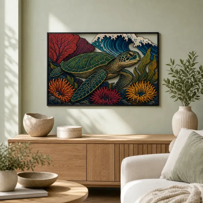 Sea Turtle with Coral and Ocean Wave Colorful Metal Wall Art