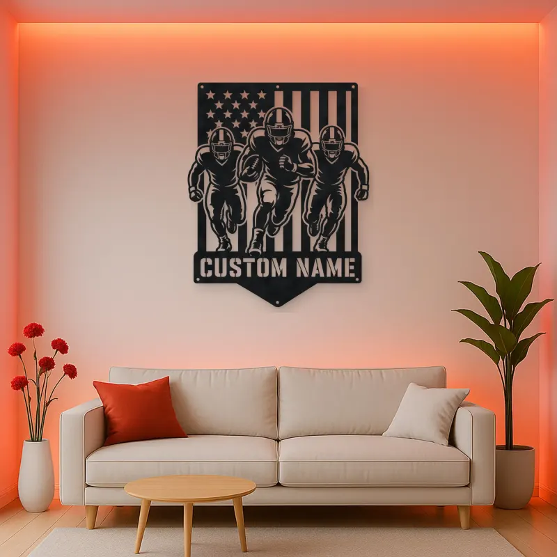 Personalized Three Football Players Flag Metal Wall Art