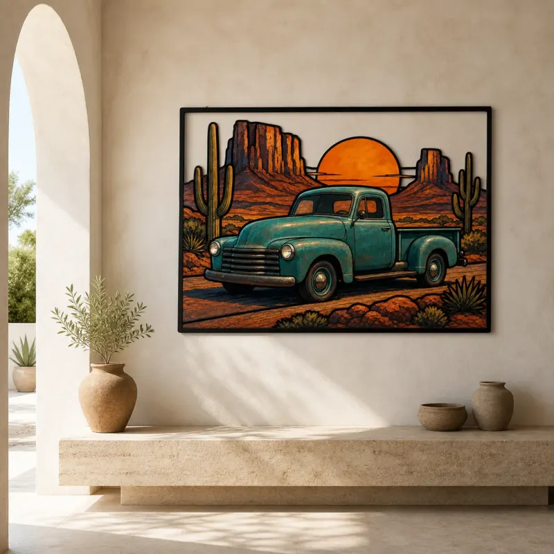 Vintage Pickup Truck on Desert Road at Sunset Colorful Metal Wall Art