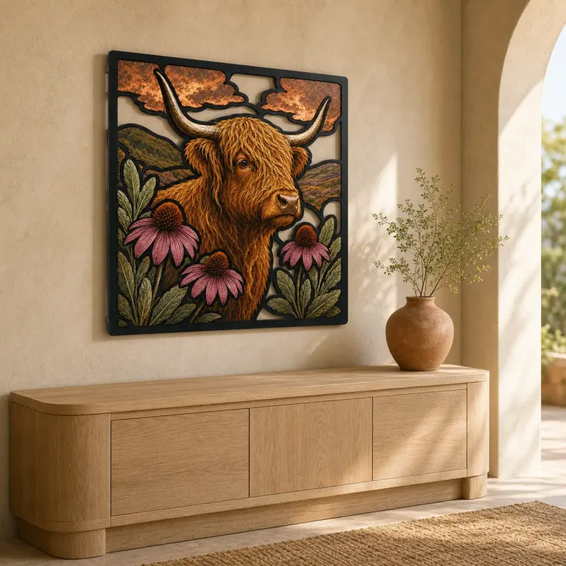 Highland Cow with Pink Coneflowers and Rolling Hills Colorful Metal Wall Art