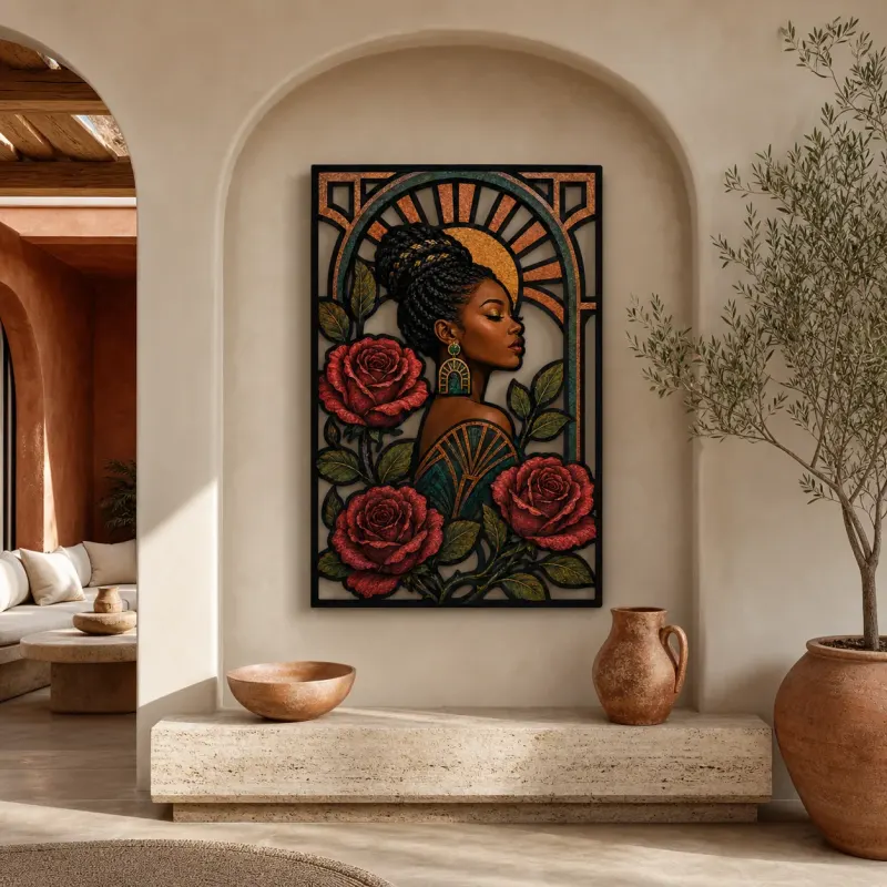 Afro Woman with Red Roses in Art Deco Frame Colorful Metal Wall Decor