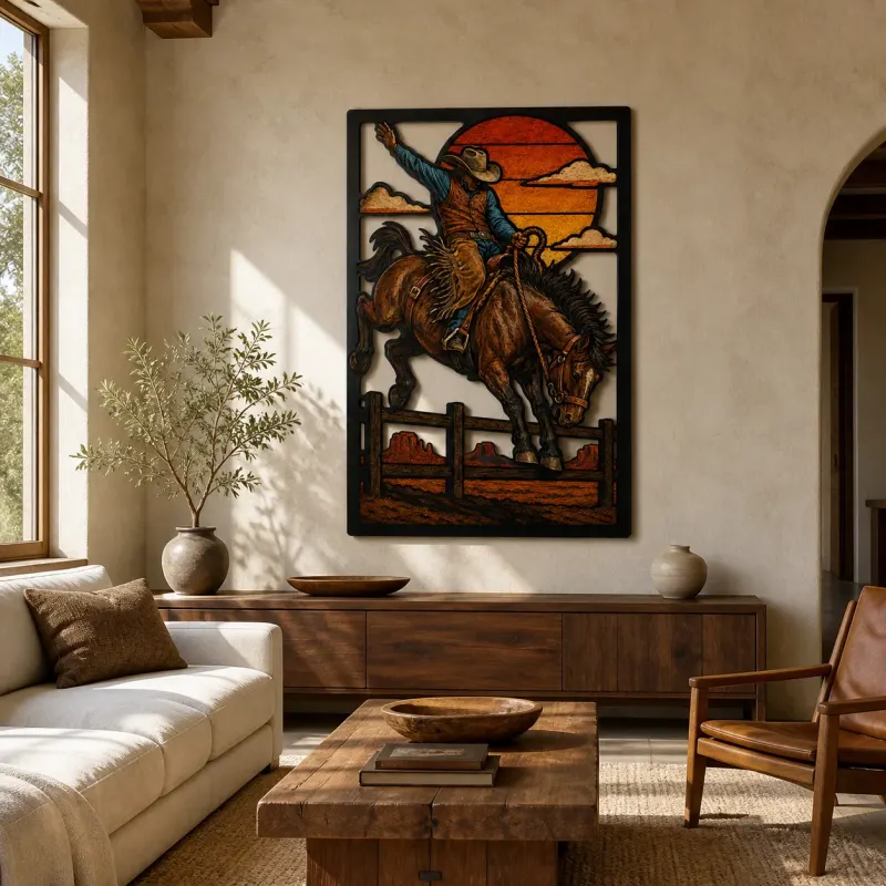 Cowboy de rodéo montant un cheval rétif au coucher du soleil Décoration murale en métal