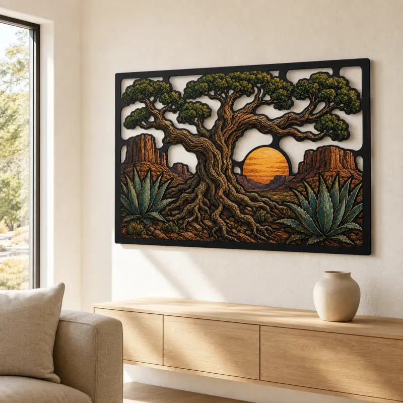 Desert Oak Tree of Life with Agave Sunset Colorful Metal Wall Art