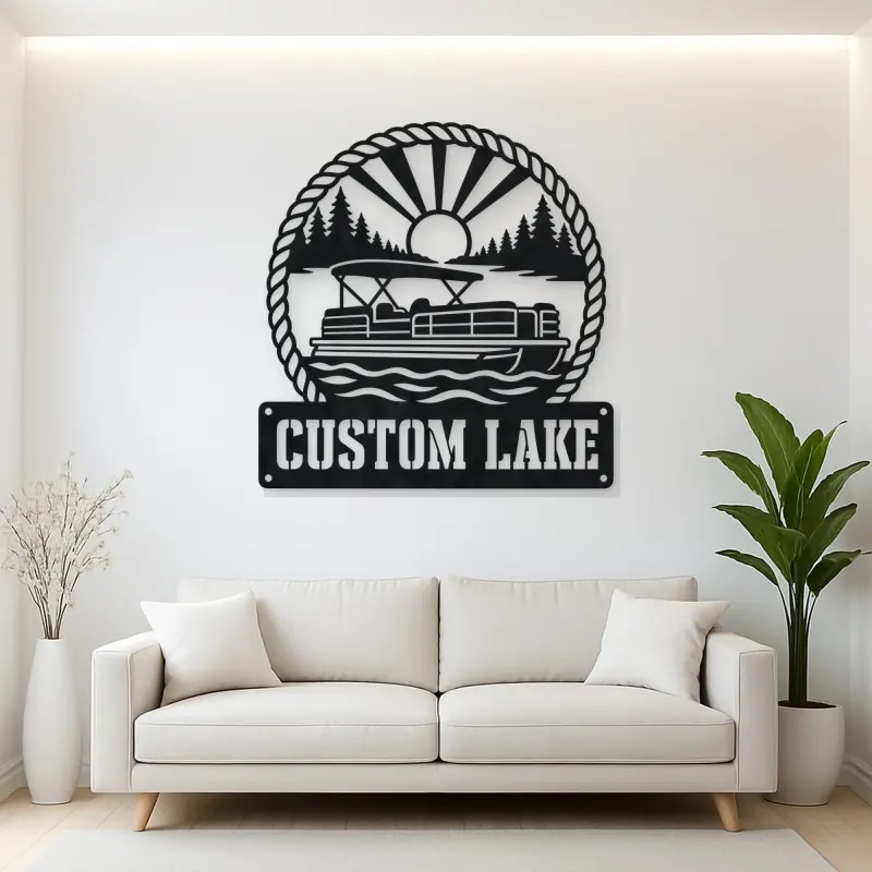 Personalized Pontoon Boat Metal Wall Art with Mountain Lake