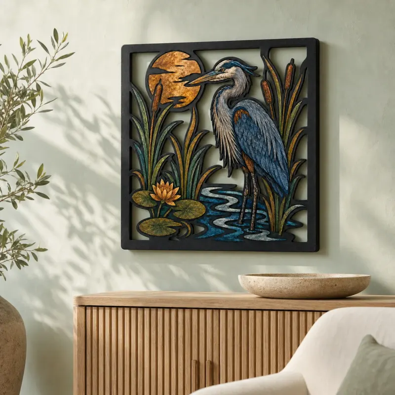Great Blue Heron in Cattails at Full Moon Colorful Metal Wall Art