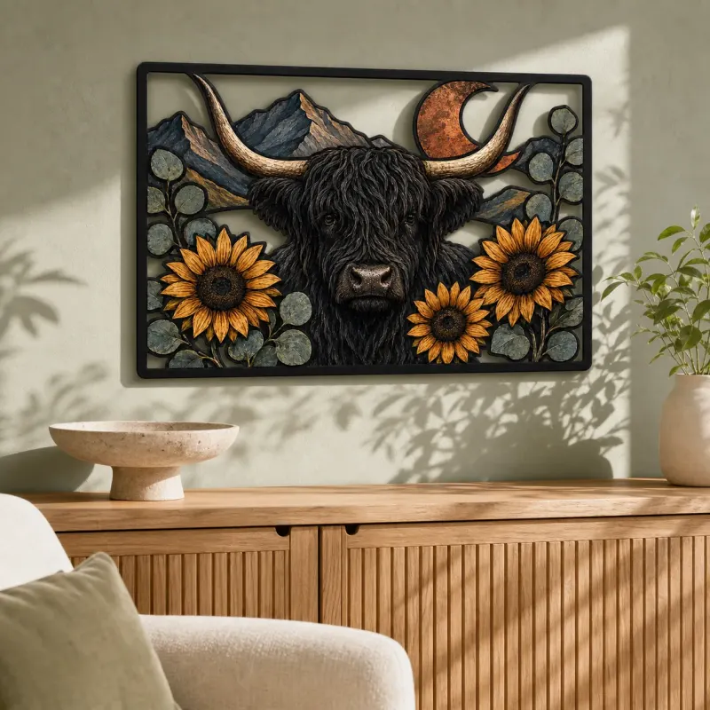 Black Highland Cow with Sunflowers and Copper Moon Colorful Metal Wall Art