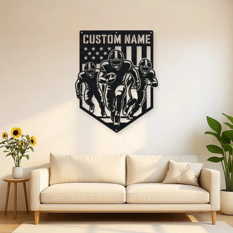 Personalized Three Football Players American Flag Metal Wall Art