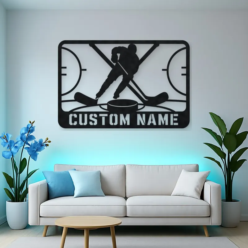 Personalized Ice Hockey Metal Wall Art with Crossed Sticks