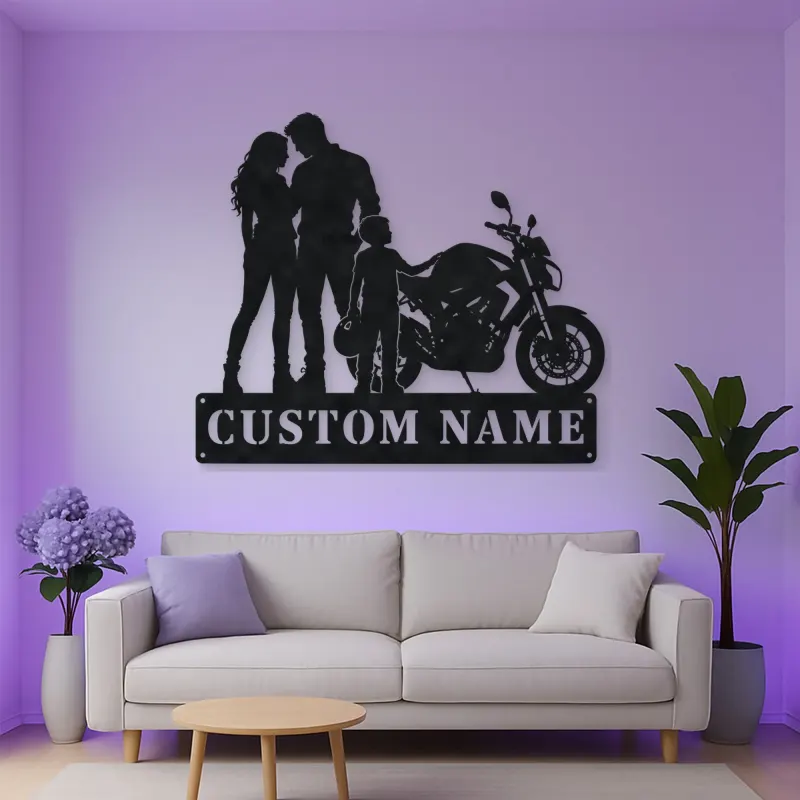 Personalized Motorcycle Family with Helmet Carrying Child Metal Wall Art