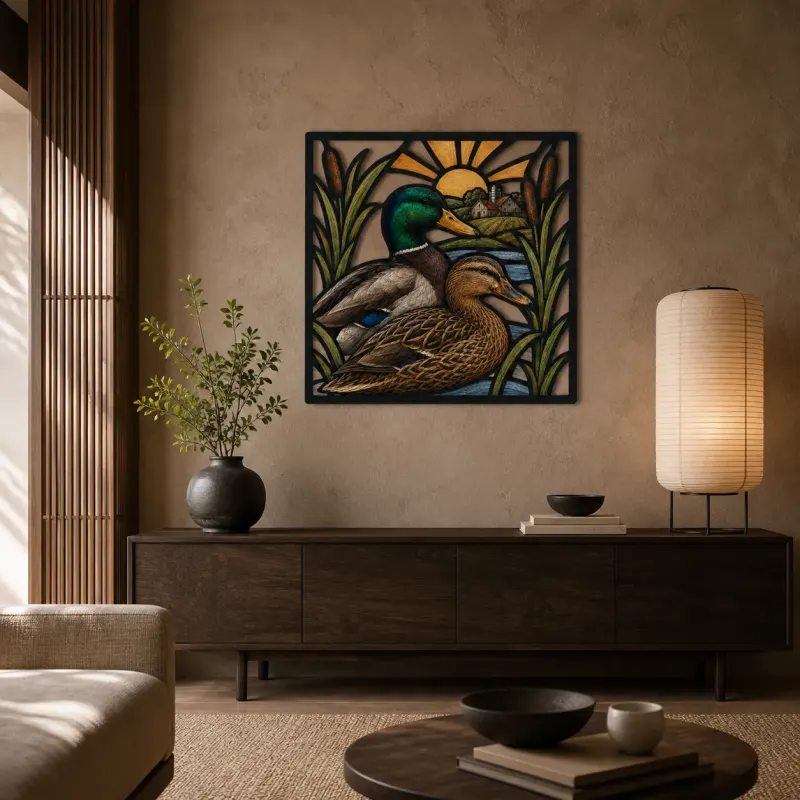 Mallard Duck Pair by Peaceful Farm Pond Colorful Metal Wall Art