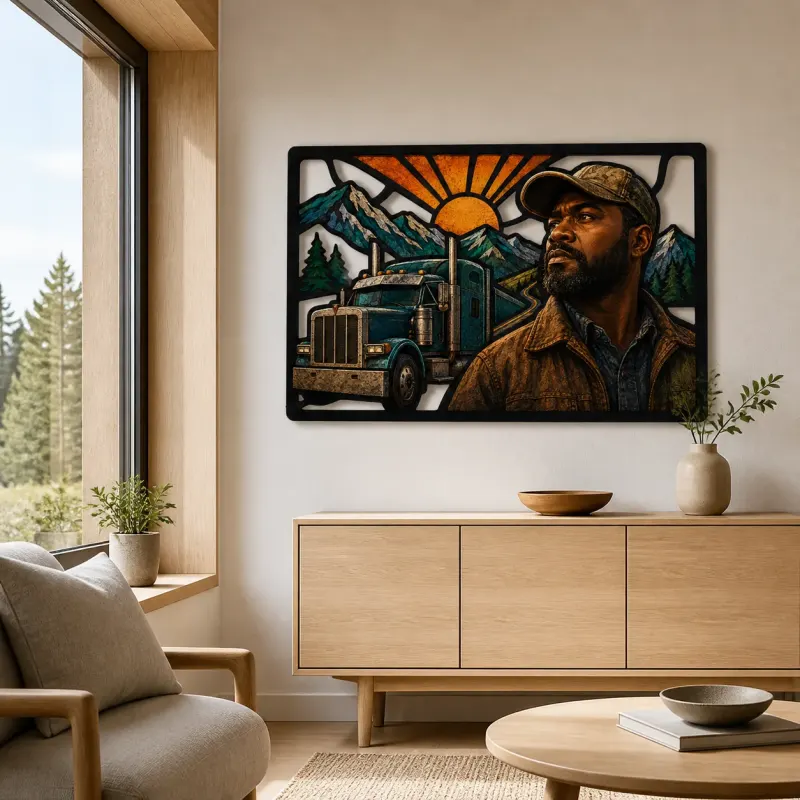 Truck Driver with Mountain Highway Colorful Metal Wall Art