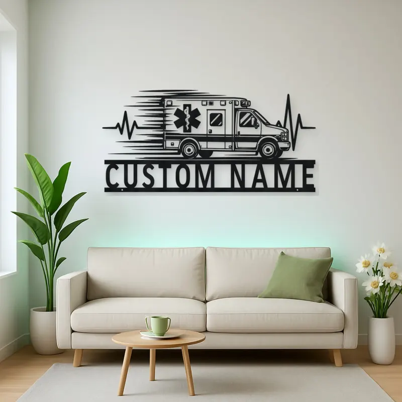 Personalized Side View Ambulance Heartbeat Metal Wall Art
