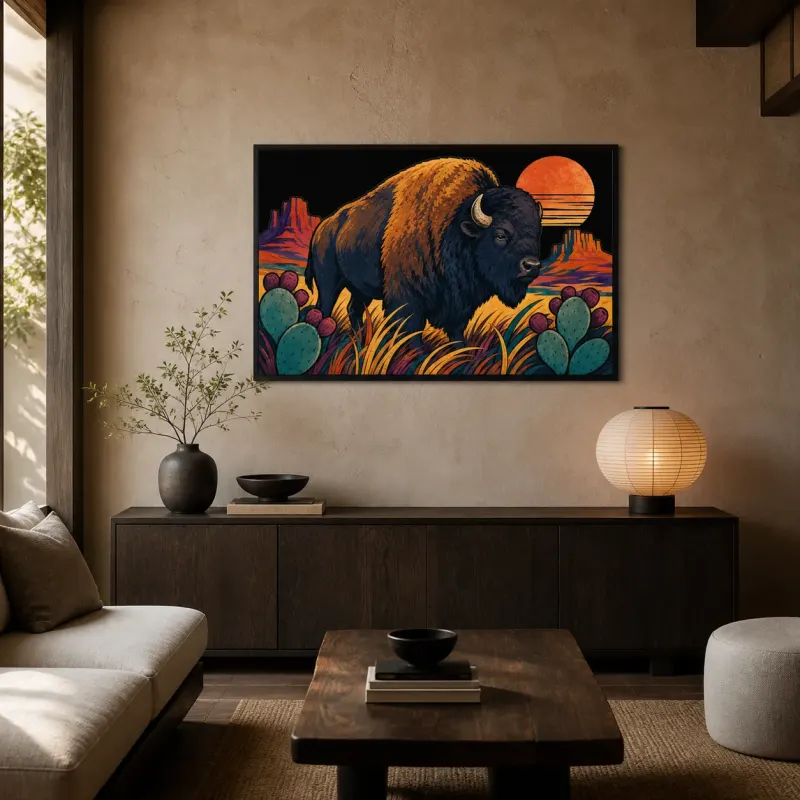 Bison with Cactus in Colorful Southwest Desert Metal Wall Art
